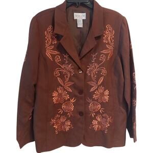 Victor Costa Occasion Size L Brown Blazer Embroidered Floral Linen Blend Jacket